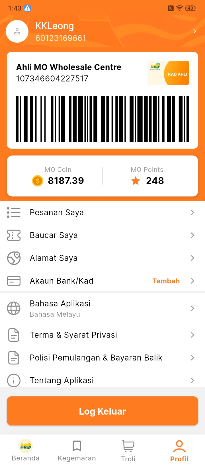 Kad baki MO Coins dan MO Points dalam profil pengguna.