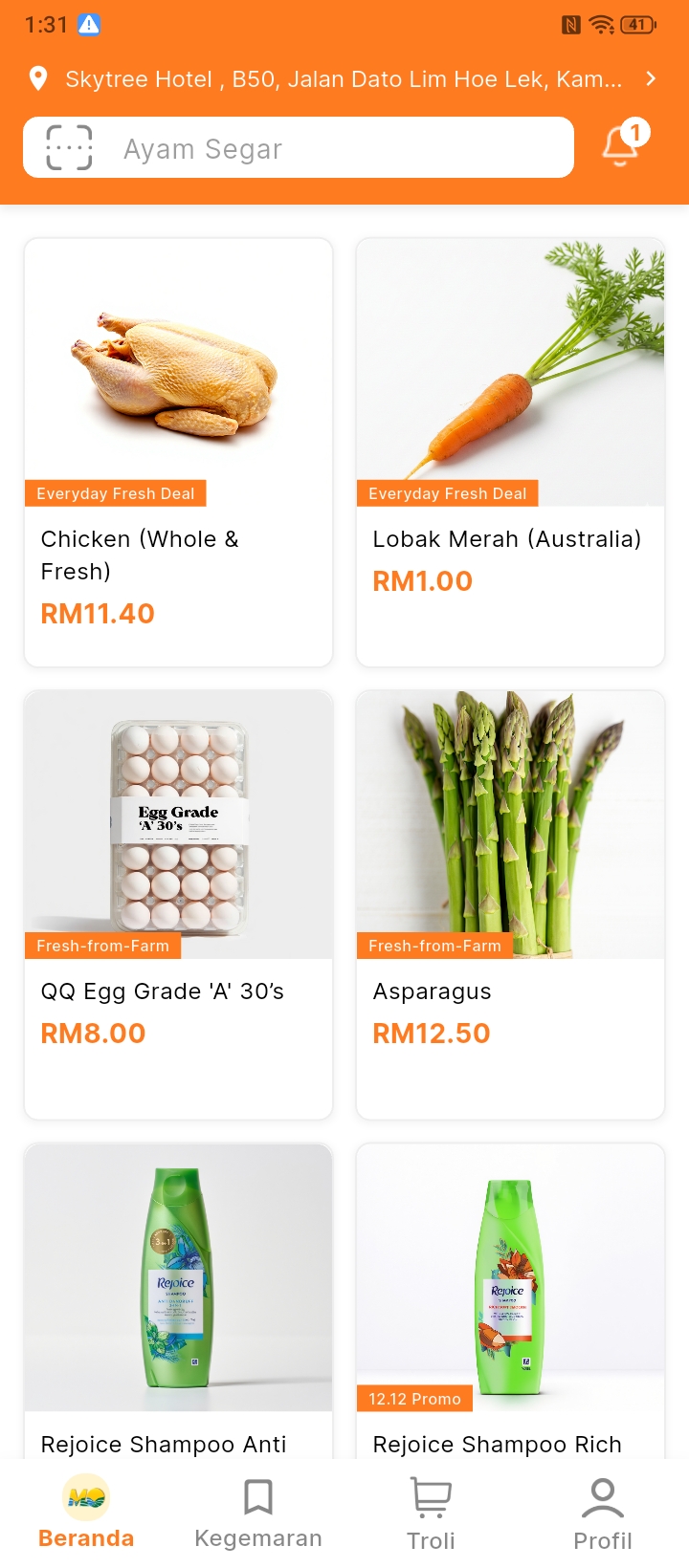 Katalog produk Marilah Order memaparkan kad produk dengan harga dan label promosi.