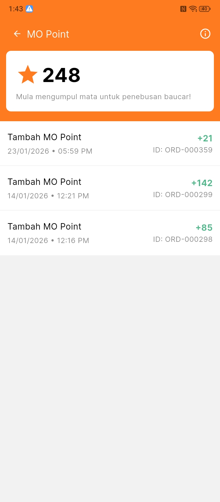 Baki MO Points dengan sejarah transaksi mata.