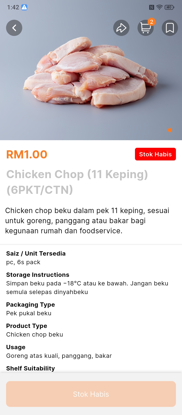 Halaman butiran produk memaparkan unit tersedia, arahan penyimpanan dan status stok.