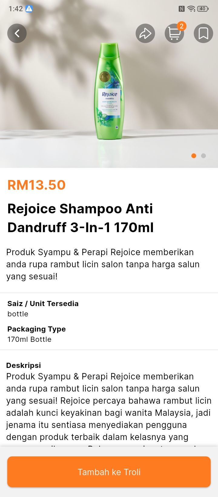 Halaman butiran produk memaparkan harga, penerangan dan saiz/unit tersedia.