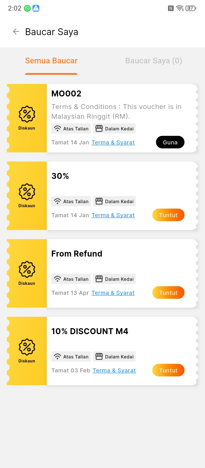 Senarai Baucar Saya dengan terma dan butang tuntut.